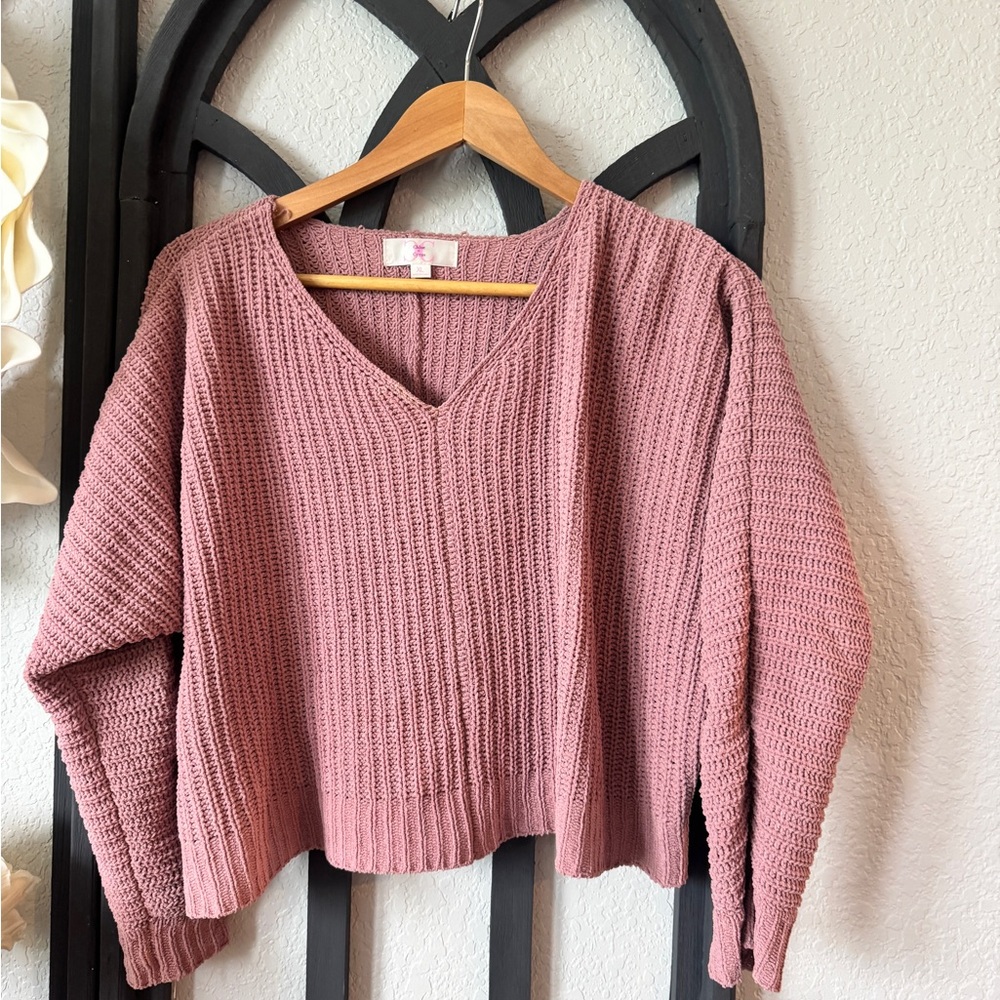 Pink V-Neck Ribbed Cropped Sweater